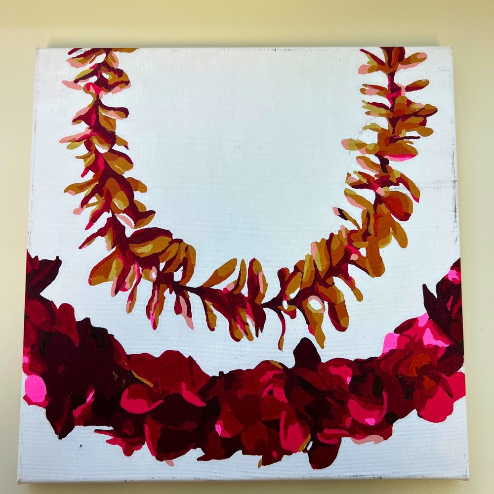 Hawaiian Flower Lei Painting Plumeria‎ Handmade Canvas 11.5" Homemade Pink Red